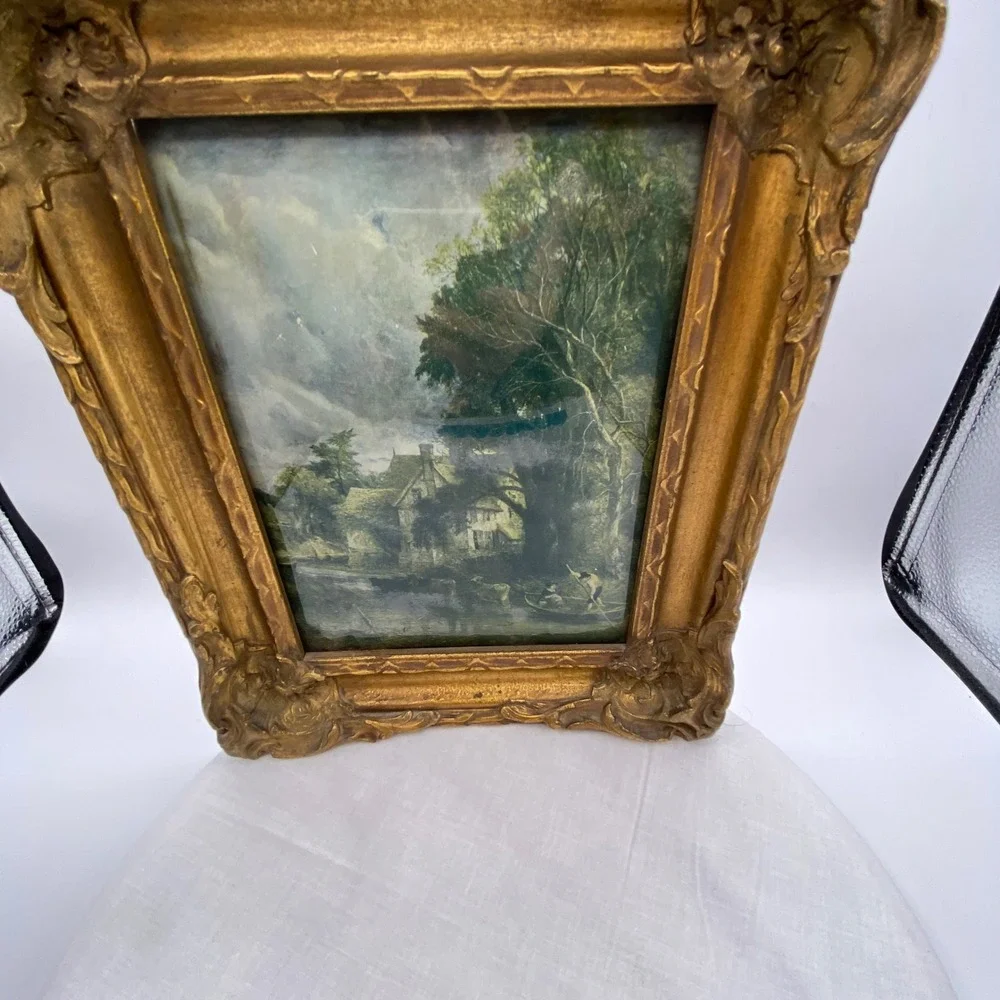Vintage 10x9 Framed Landscape Gold Ornate Rococo Pastoral Scene Gilt Rustic